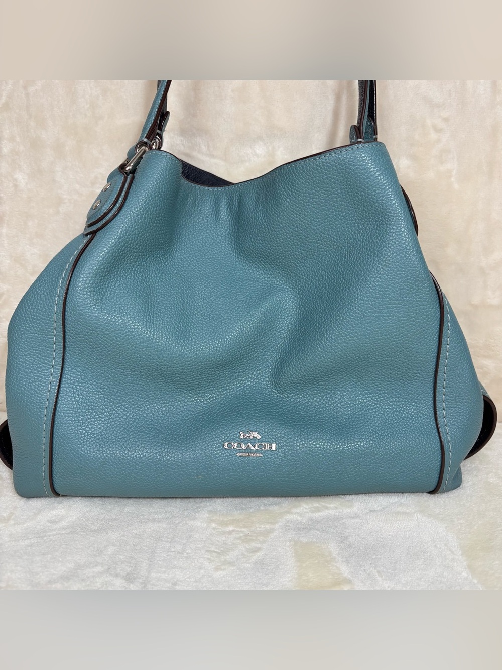 Coach Edie Turnlock Triple Compartment Teal Pebbled Leather Shoulder Bag Hobo